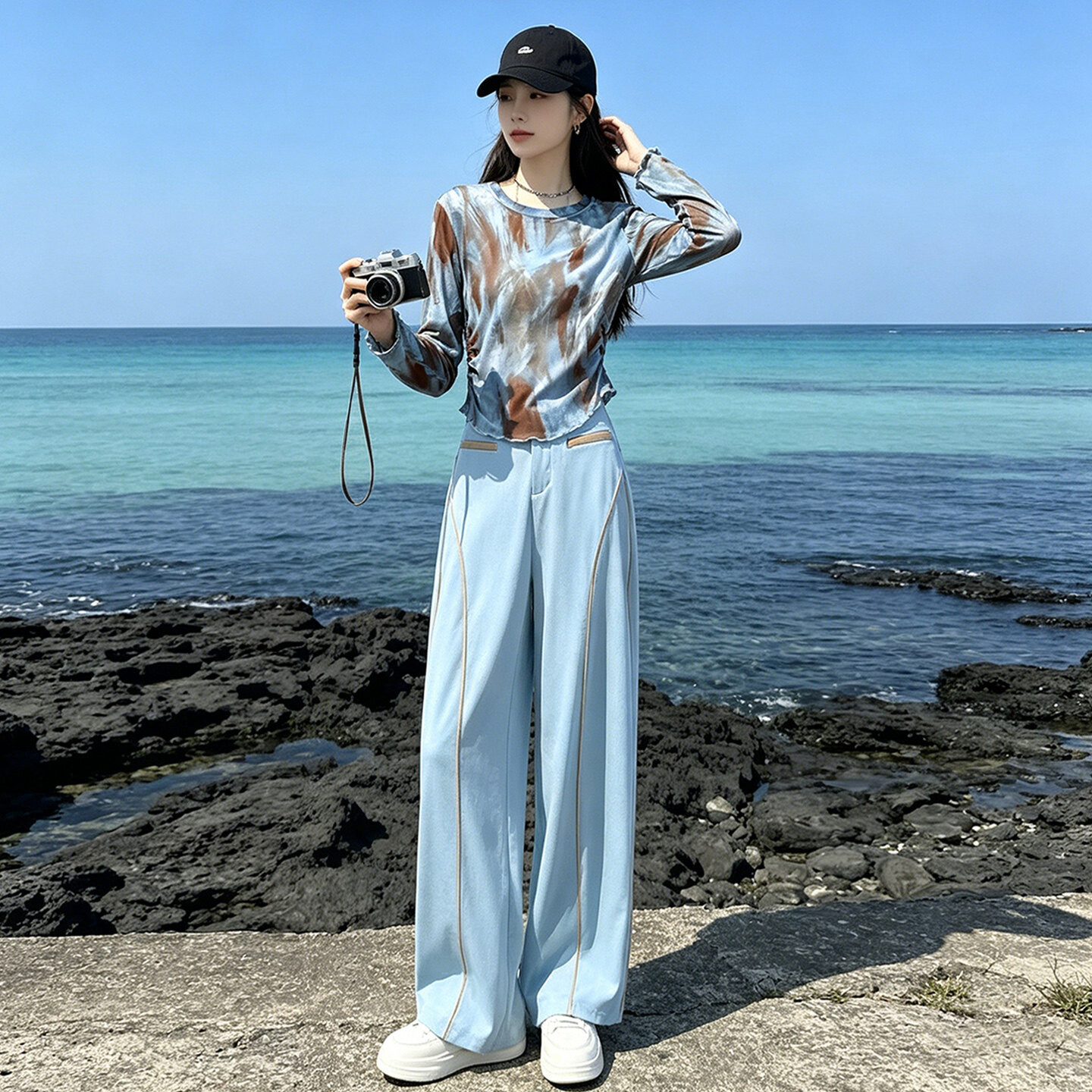 女夏季新款韩版时尚套装圆领渐变轻薄网纱长袖阔腿休闲长裤两件套