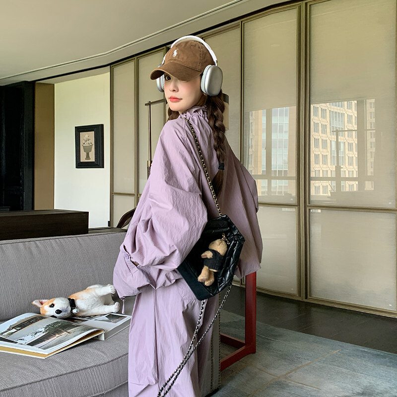 工装减龄优质春季休闲运动紫色上衣套装女春秋外套束脚裤两件套