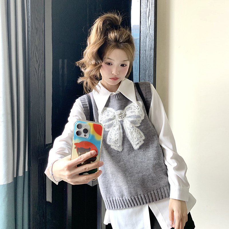 洋气优质衬衫蕾丝针织马甲上衣套装春秋新款韩系氛围感穿搭两件套