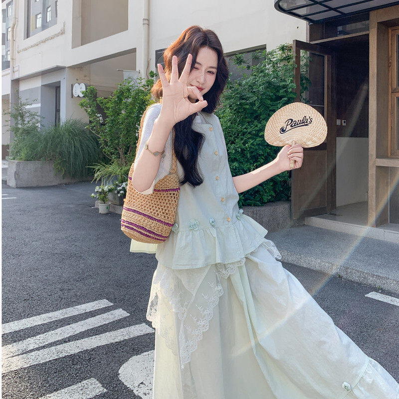 奶优质精品疯狂促销新款上市夏季冬季甩绿色森系少女叠穿三件套