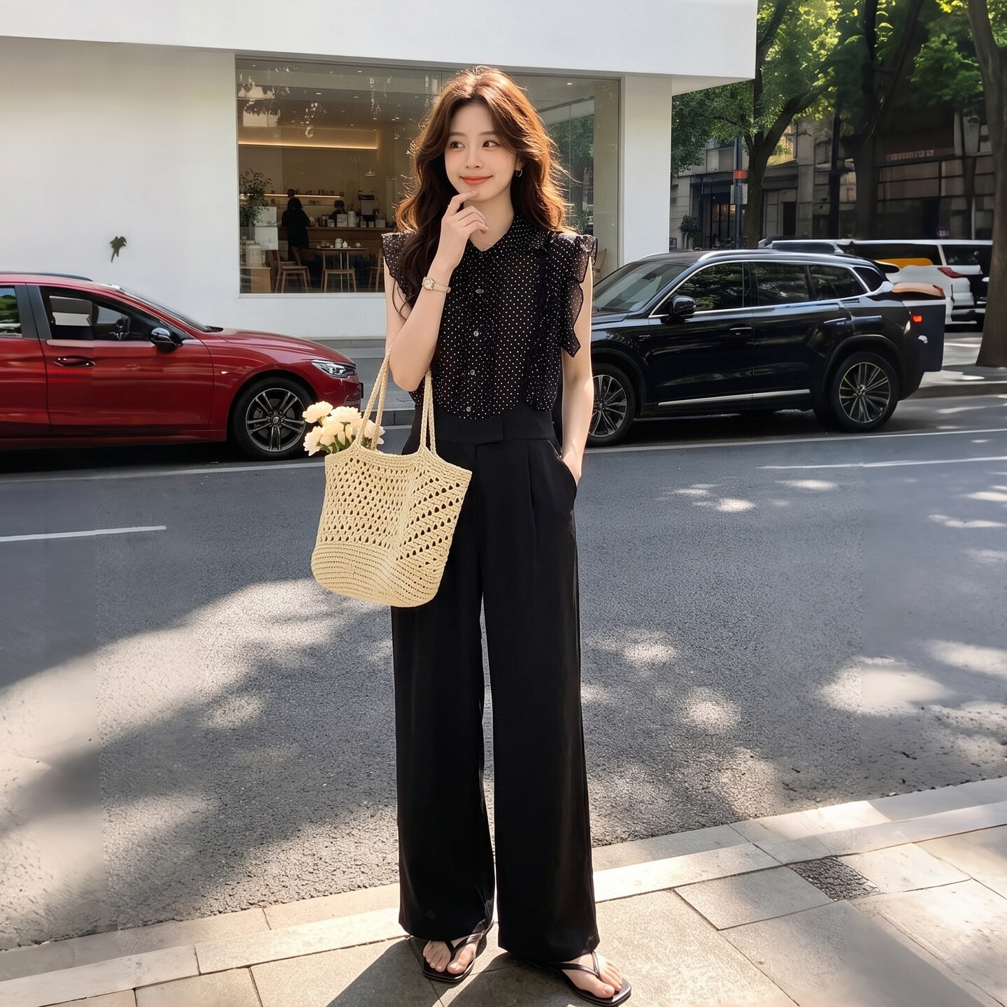 韩系气质氛围感波点荷叶边上衣套装女2026夏新款背带阔腿裤两件套
