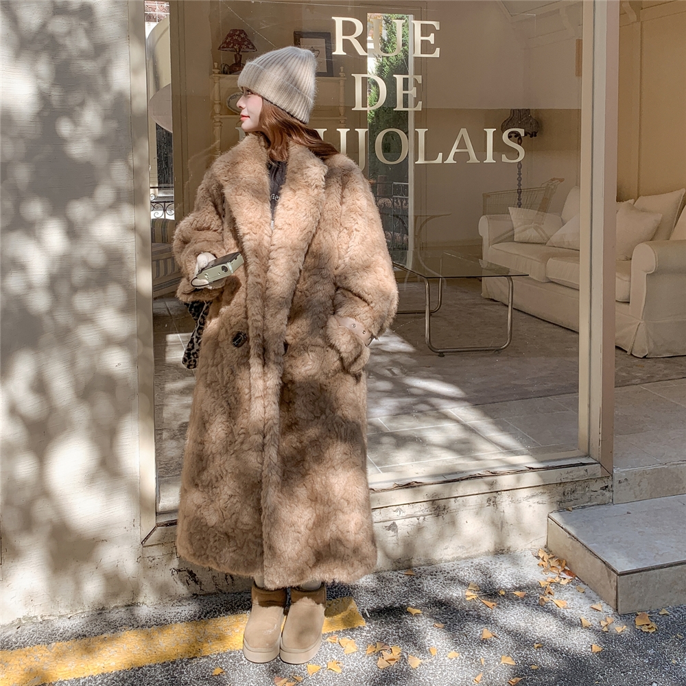 长款皮毛一体外套复古皮草外套女高级感仿貂皮中长款环保大衣