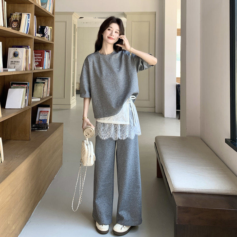 韩系慵懒风蕾丝屁帘短袖卫衣阔腿裤套装女2026夏季新款休闲两件套