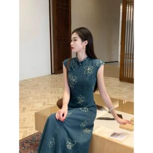 超级时装发布牛仔新中式复古改良旗袍蝴蝶连衣裙