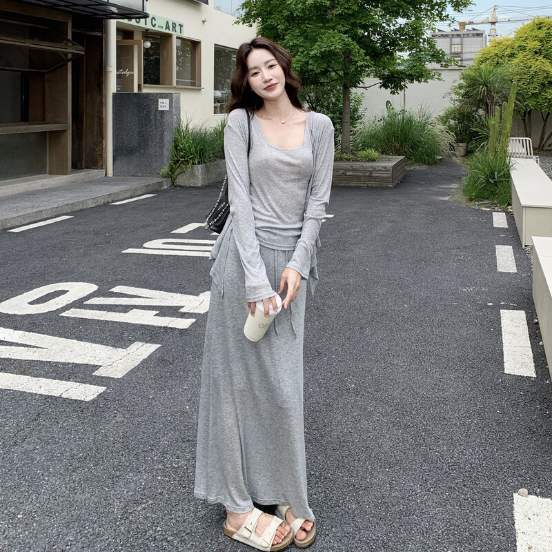 慵懒防晒针织开衫背心半身裙三件套浅灰色慵懒风2026年夏季女士