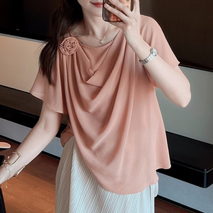 RREPEAT/夏短袖荡领玫瑰花雪纺衫别致气质名媛小衫上衣轻薄女