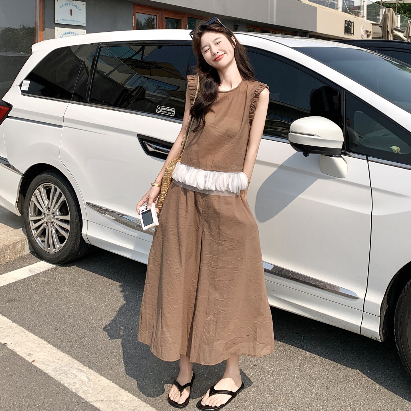 韩系新款甜美套装褶皱纯色无袖衬衫女夏季高腰休闲裤裙裤两件套