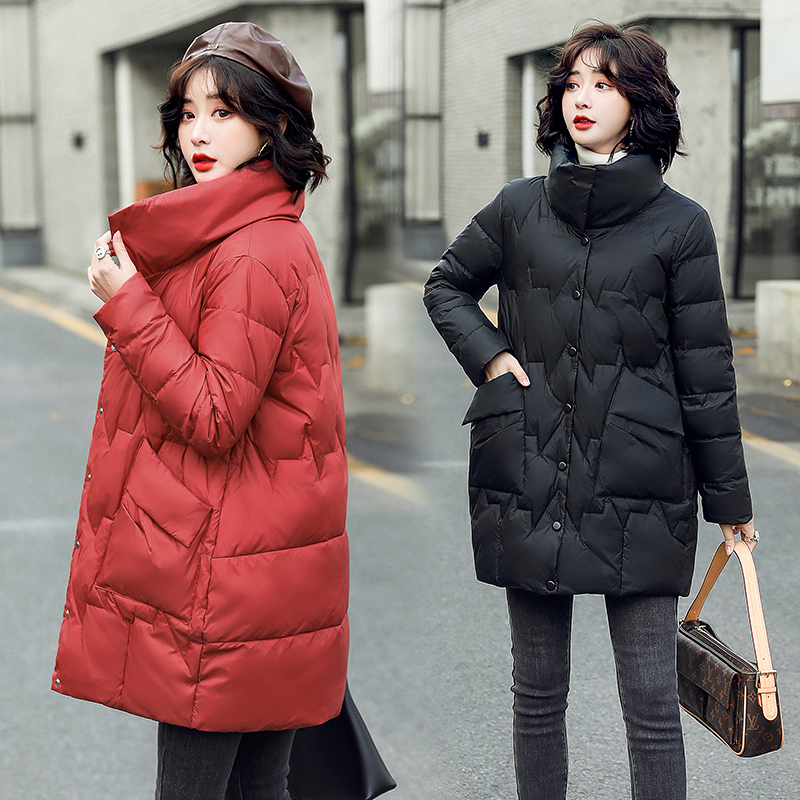 中长款羽绒棉衣棉服外套女冬季2022新款韩版宽松红色立领加厚棉袄