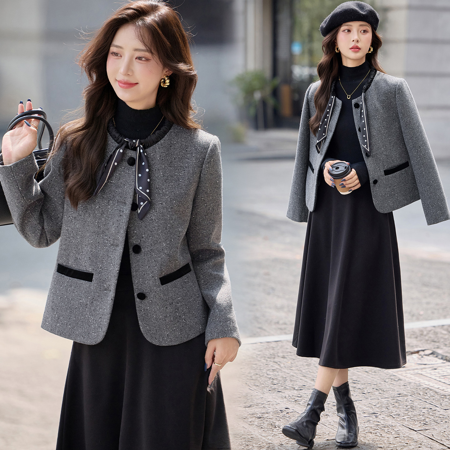 时尚复古新款上市优雅风百搭优质长袖圆领领巾小小个子毛呢外套女