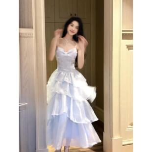 法式 连衣裙生日礼服蝴蝶结设计小众优雅多层次裙 小资蓝色吊带修身