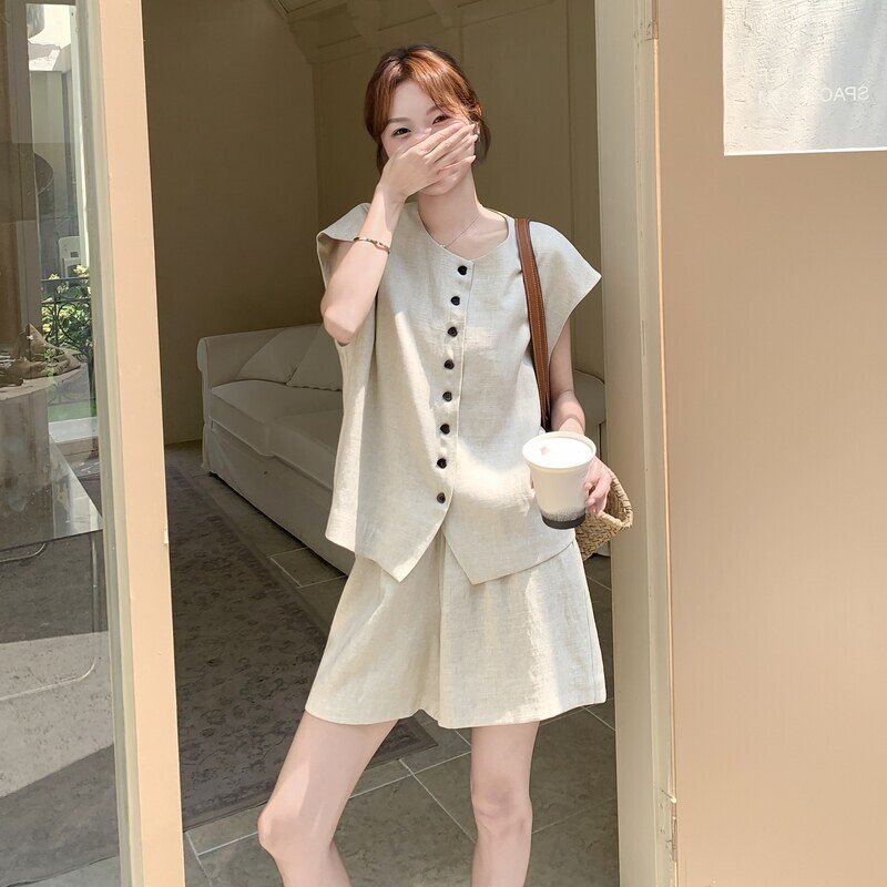 韩系优质短袖chic气质单排扣马甲阔腿短裤两件套女夏季新款感简约