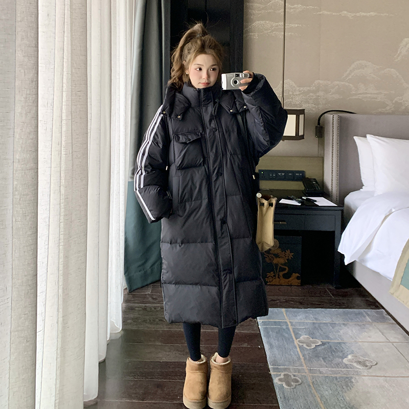 白鸭绒羽绒服冬季新款韩版宽松连帽过膝中长款棉衣加厚女