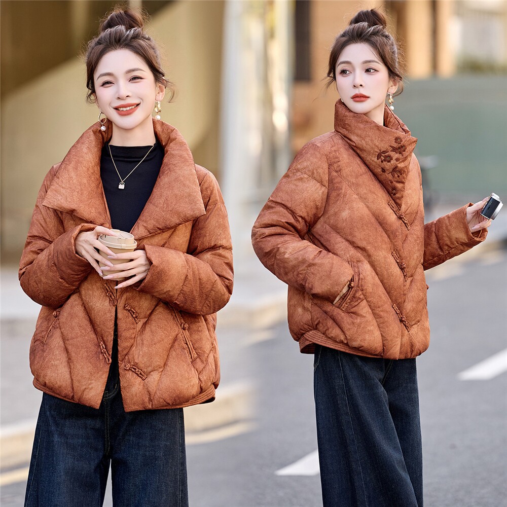 高端复古新中式刺绣羽绒服女无帽立领设计感短款保暖白鸭绒上衣