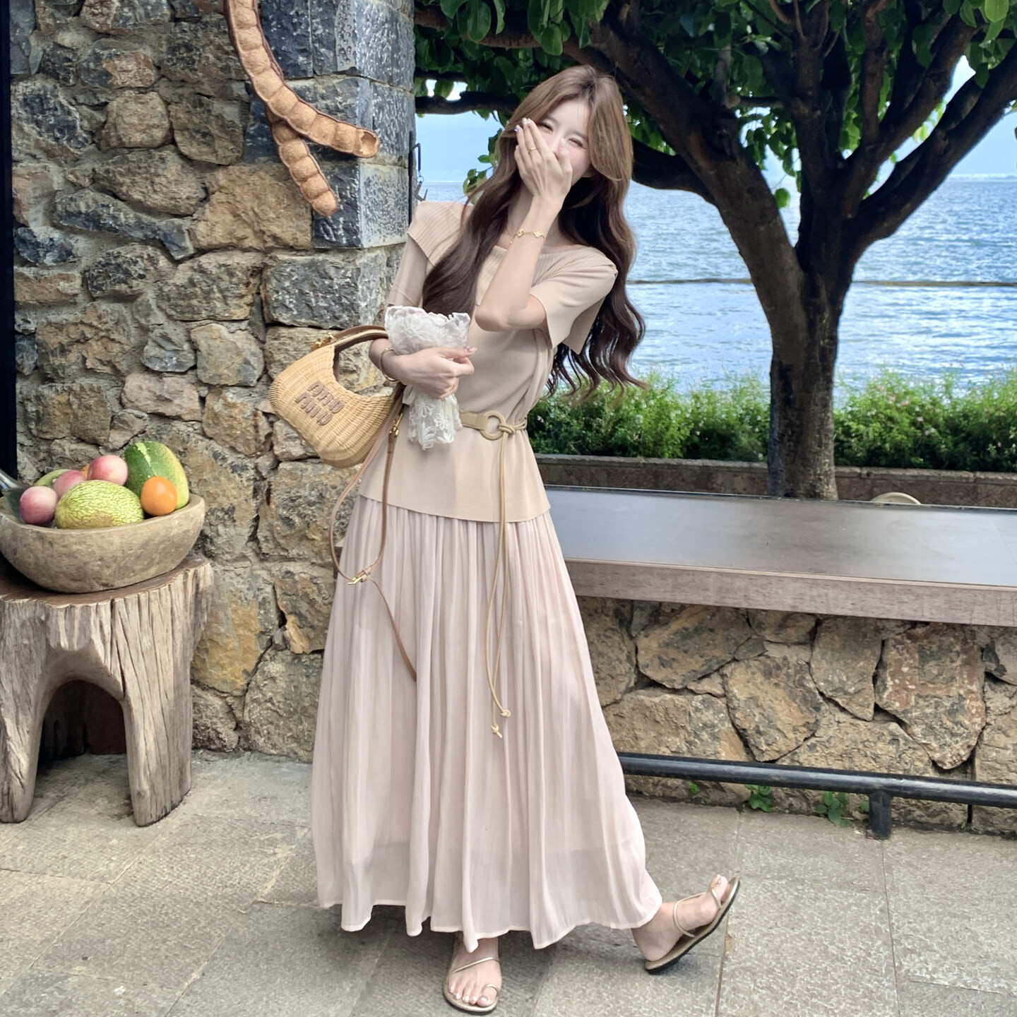 夏季新款温柔风针织上衣流光纱半身裙套装女收腰显瘦气质两件套