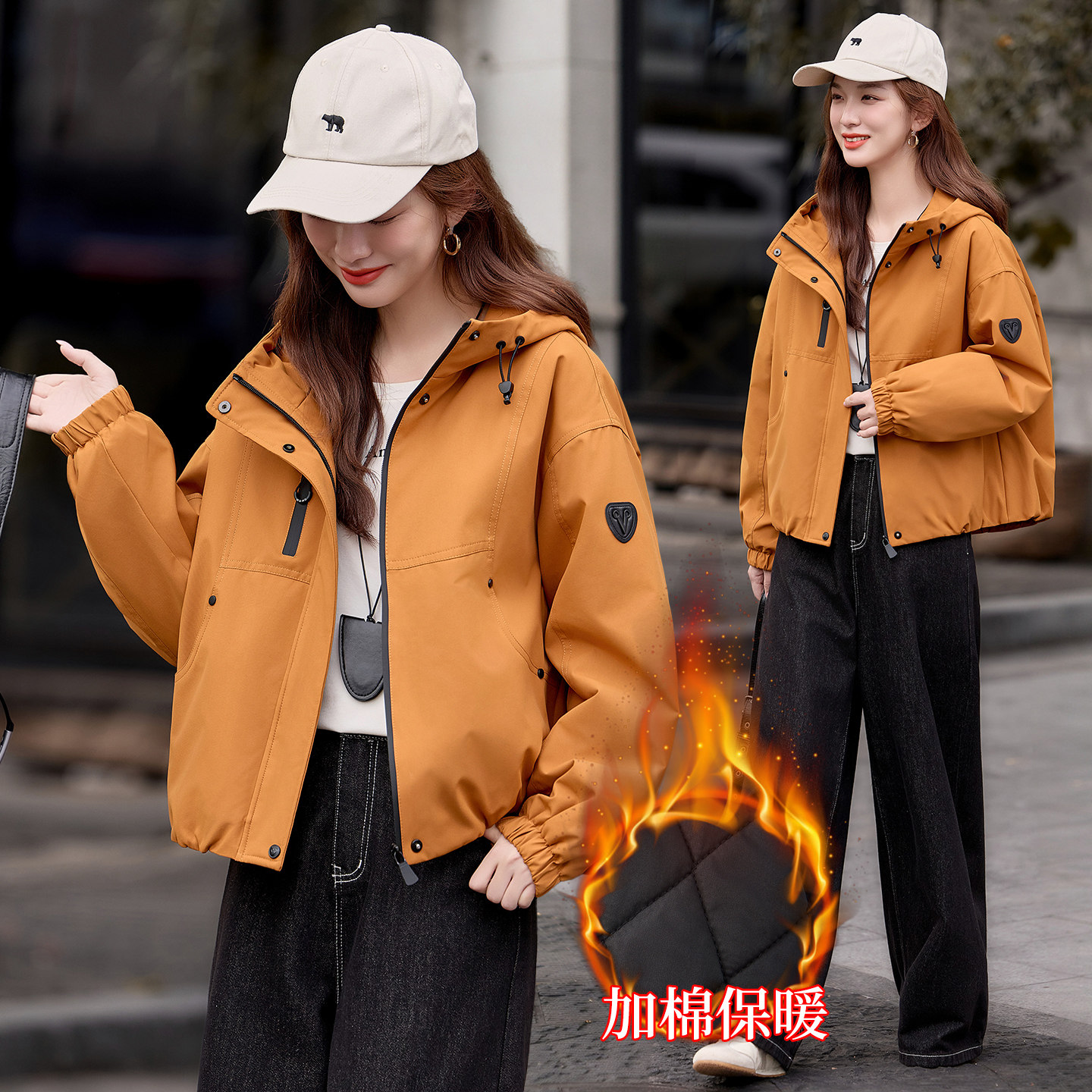 冬季美洋优质女士新款显瘦休闲短款棉衣加绒冲锋衣外套派客服女