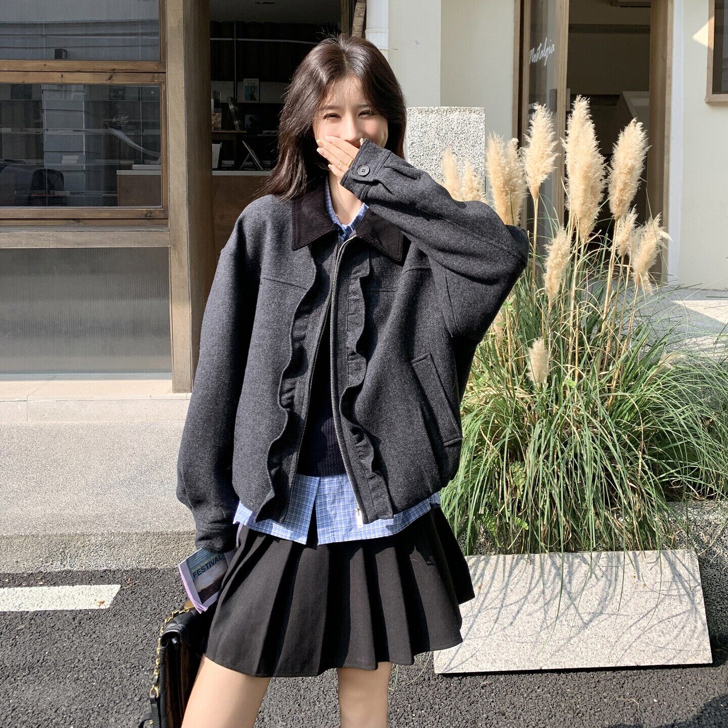 美式复古宽松显瘦翻领设计感外套短款夹克女秋冬休闲加厚棒球服