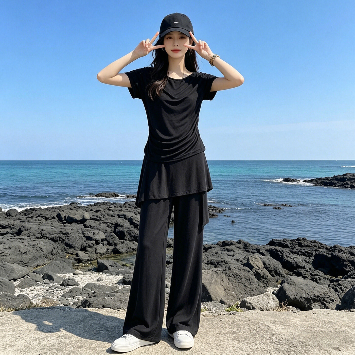 女夏季新款时尚洋气套装纯色斜肩收腰短袖上衣蕾丝屁帘长裤两件套