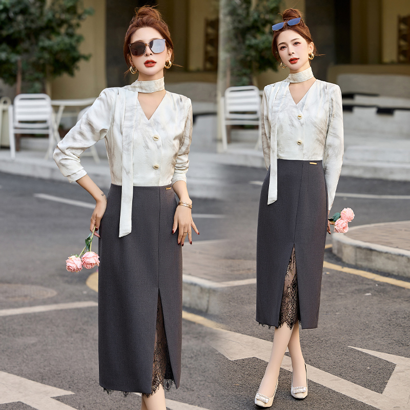 轻熟风包臀连衣裙2025春秋新款气质系带水墨印花衬衫半身裙女洋气