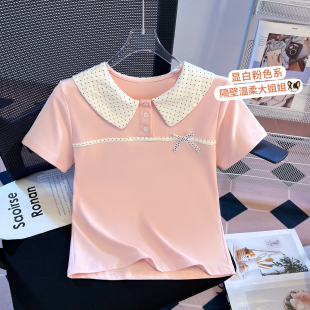 T恤女 短袖 小清新甜美设计感波点娃娃领温柔蝴蝶结装 饰自留款