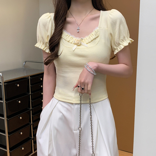 短款 2025夏季 小清新甜美方领花朵短袖 新款 T恤上衣女 韩版