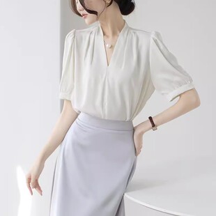 法式 气质小众短袖 新款 女2026夏季 缎面垂感通勤职业上衣 衬衫