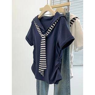 女减龄海军领拼接条纹披肩短袖 胖mm大码 T恤 新款 2026夏装