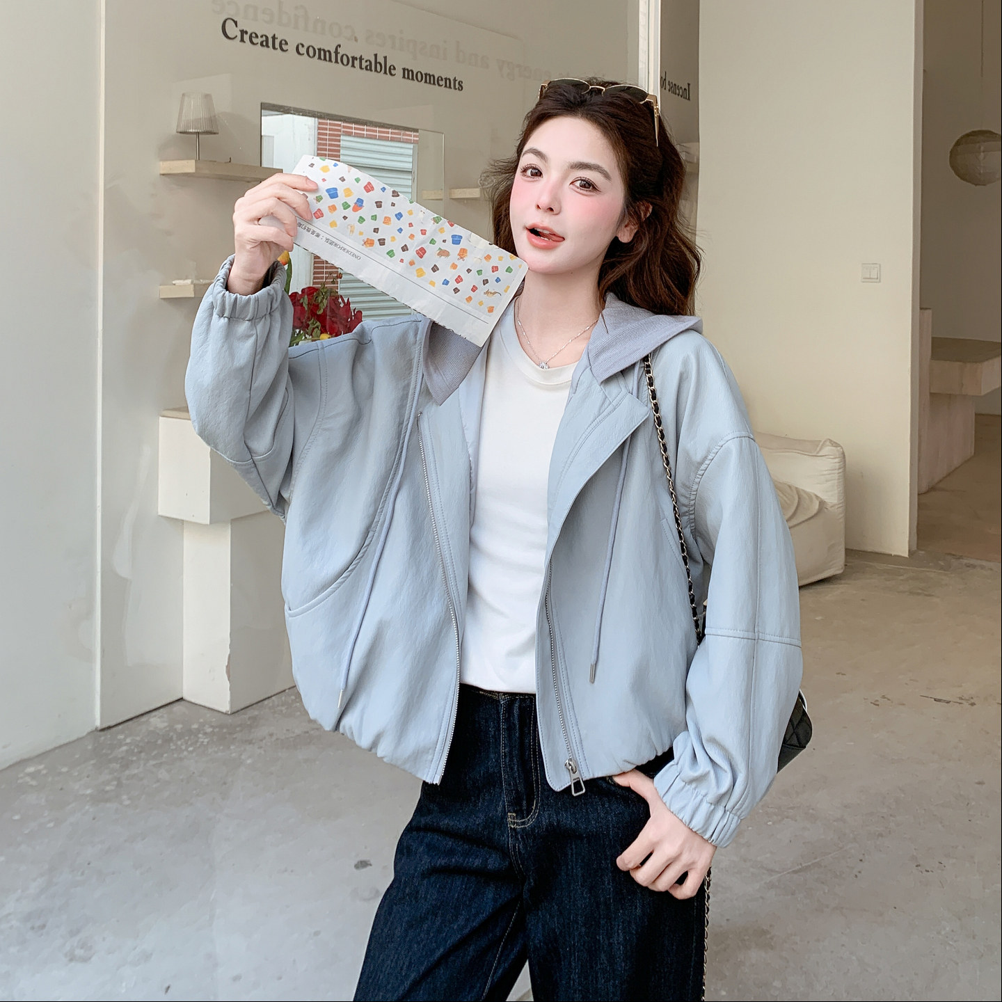 新款显瘦优质2026年春季美洋精品PU皮好看甩卖立领连帽皮衣外套