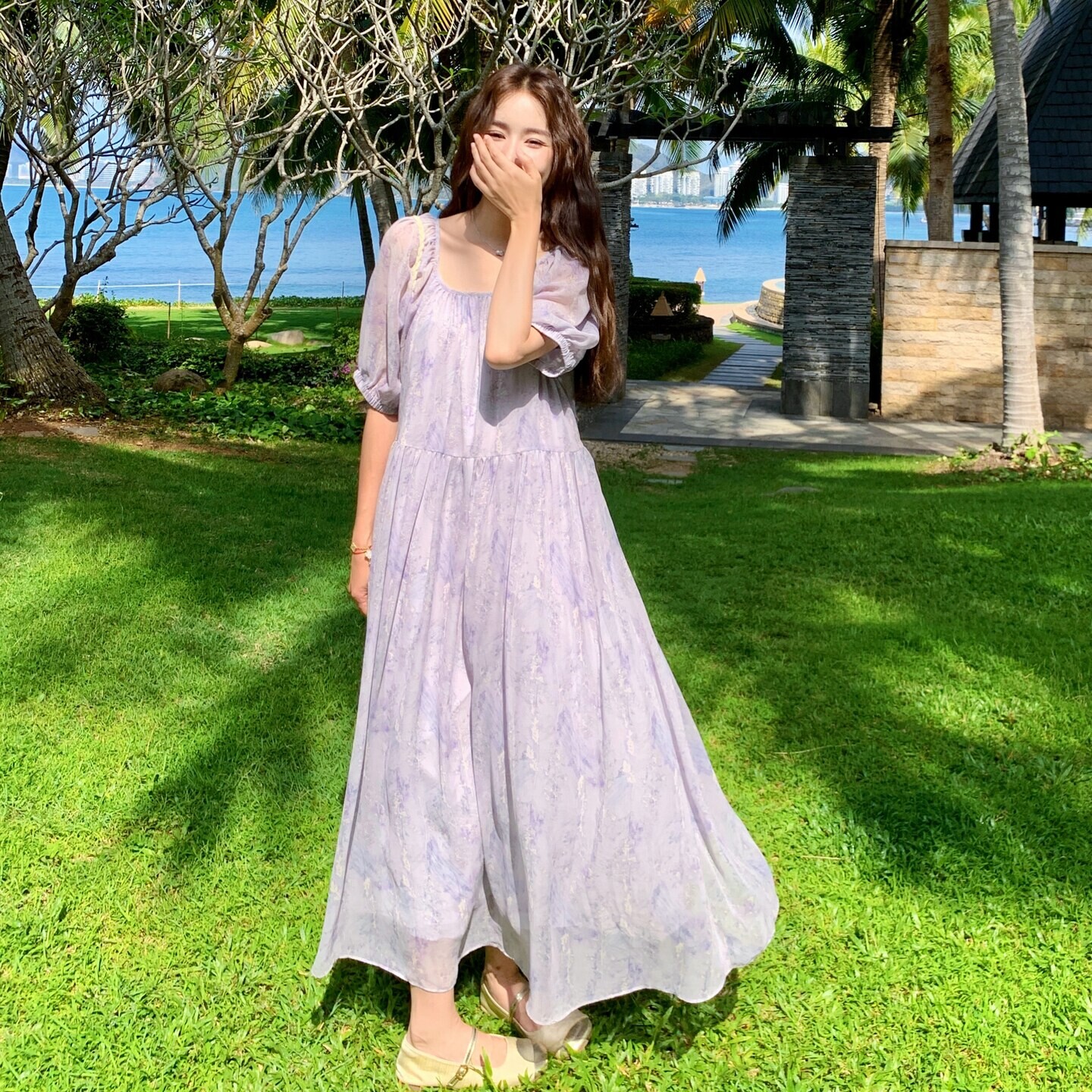 法式显瘦气质紫色长袖连衣裙女夏季新款小个子海边温柔茶歇裙子