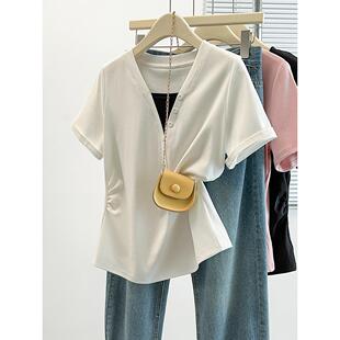 女百搭简约撞色收腰弧形短袖 胖mm大码 T恤 新款 2026夏装