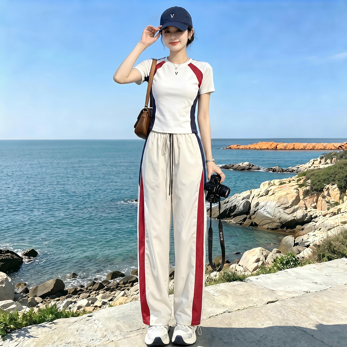 盐系新款感休闲运动时尚套装女夏季圆领撞色拼接上衣阔腿裤两件套