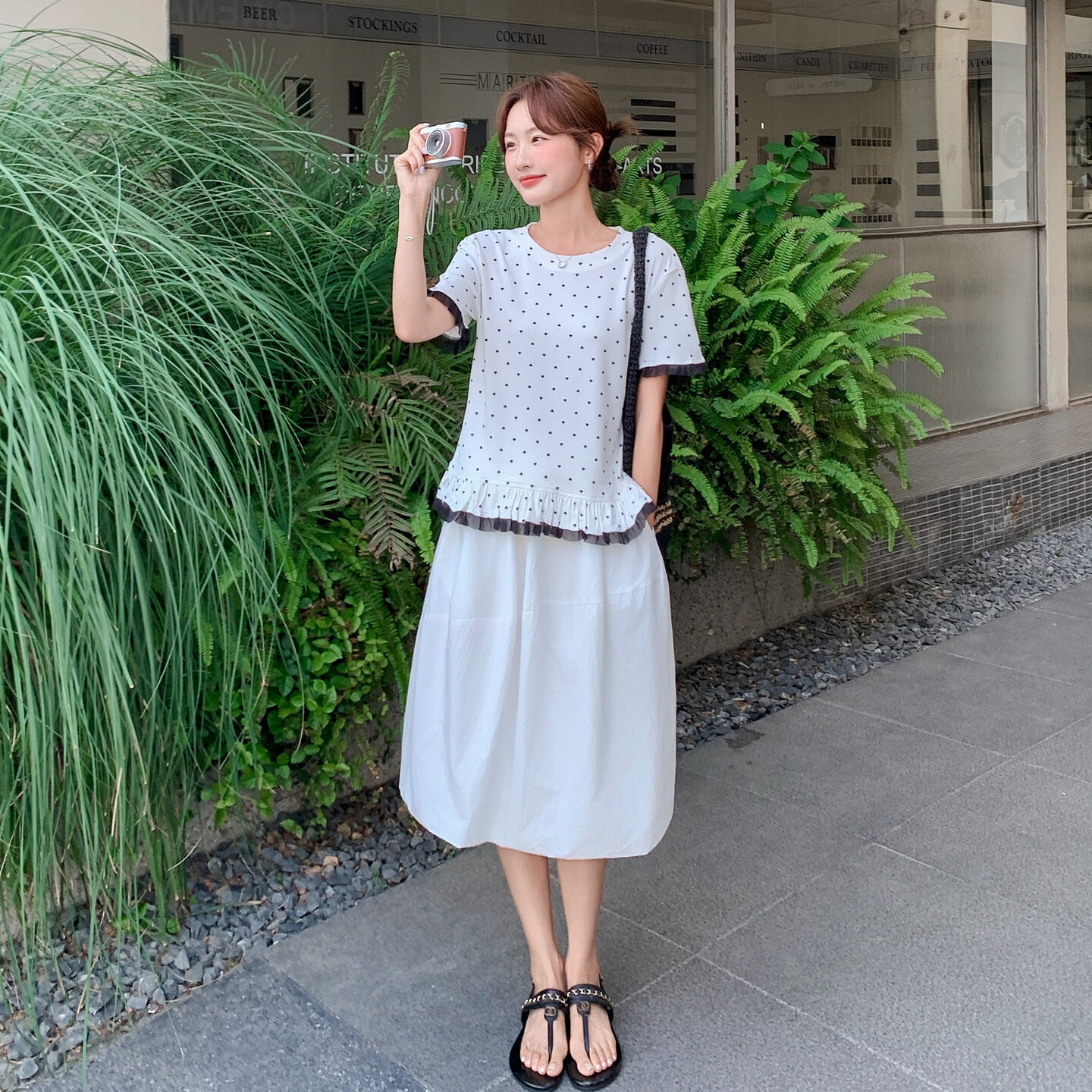 法式优质温柔风波点套装裙女夏季新款木耳边拼接上衣花苞裙两件套