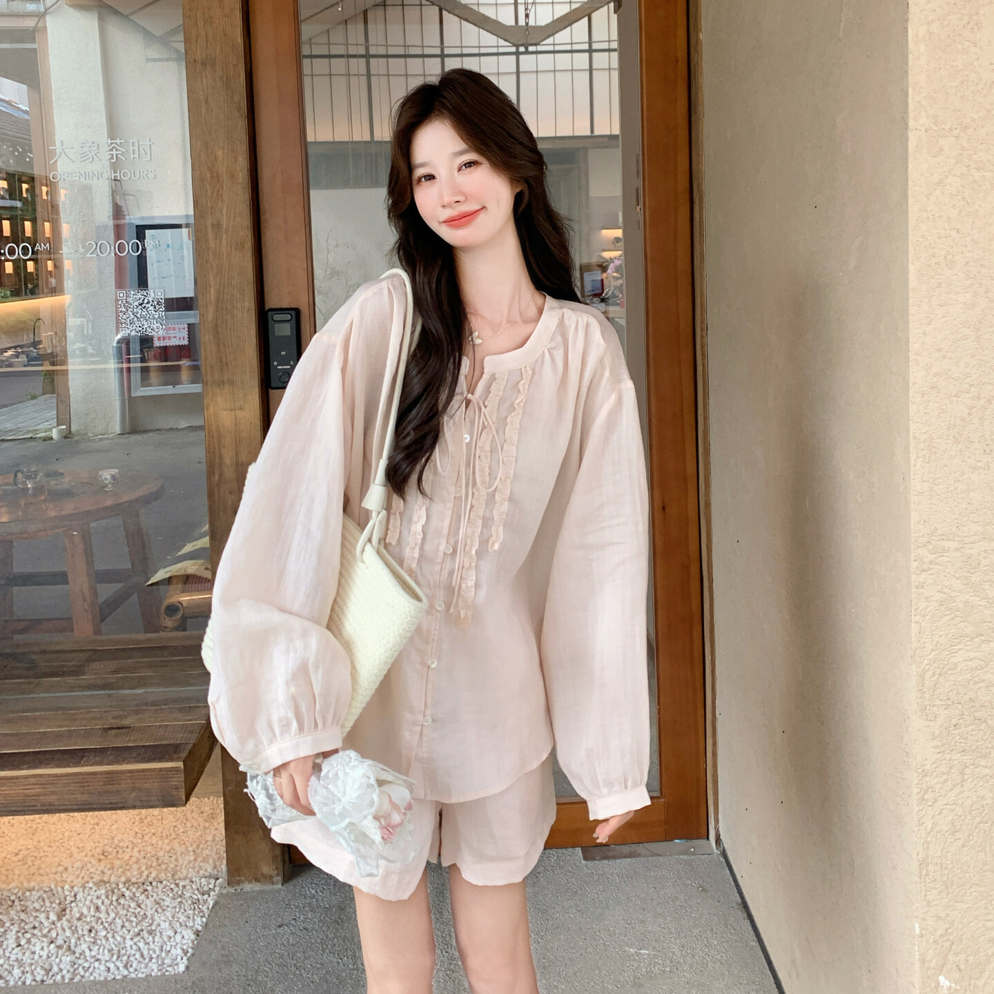 小个子韩系温柔风系带木耳边防晒衬衣女夏透气棉麻阔腿短裤两件套
