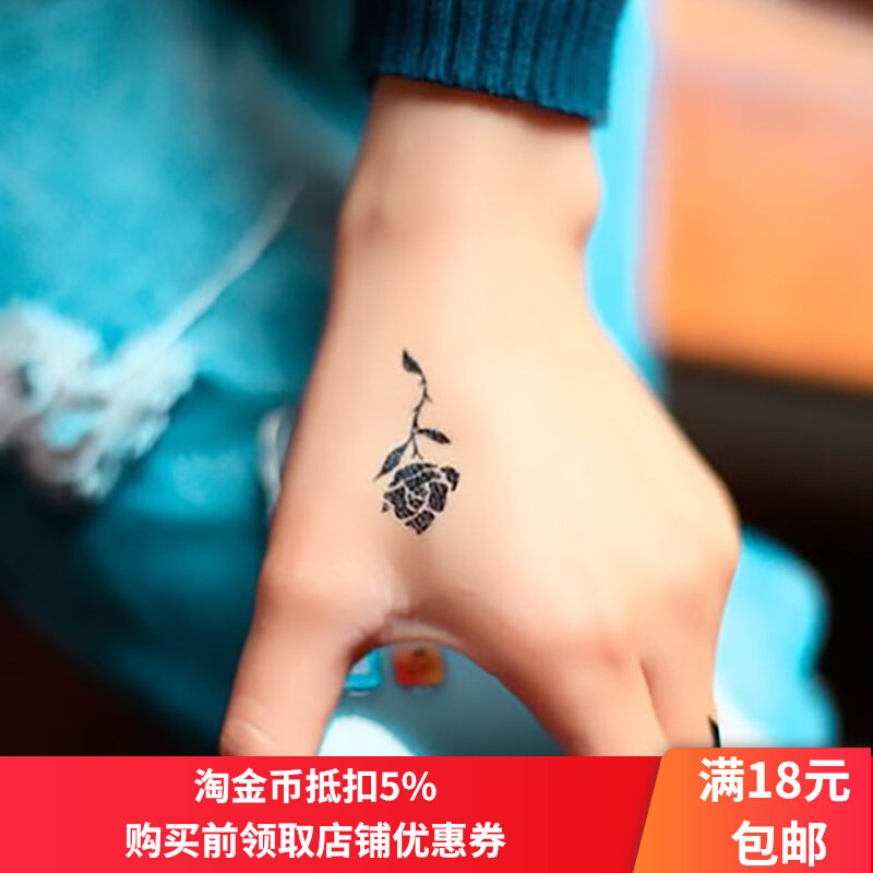 爆款经典黑色小玫瑰纹身贴防水女持久唯美潮诱惑虎口手腕纹身贴纸