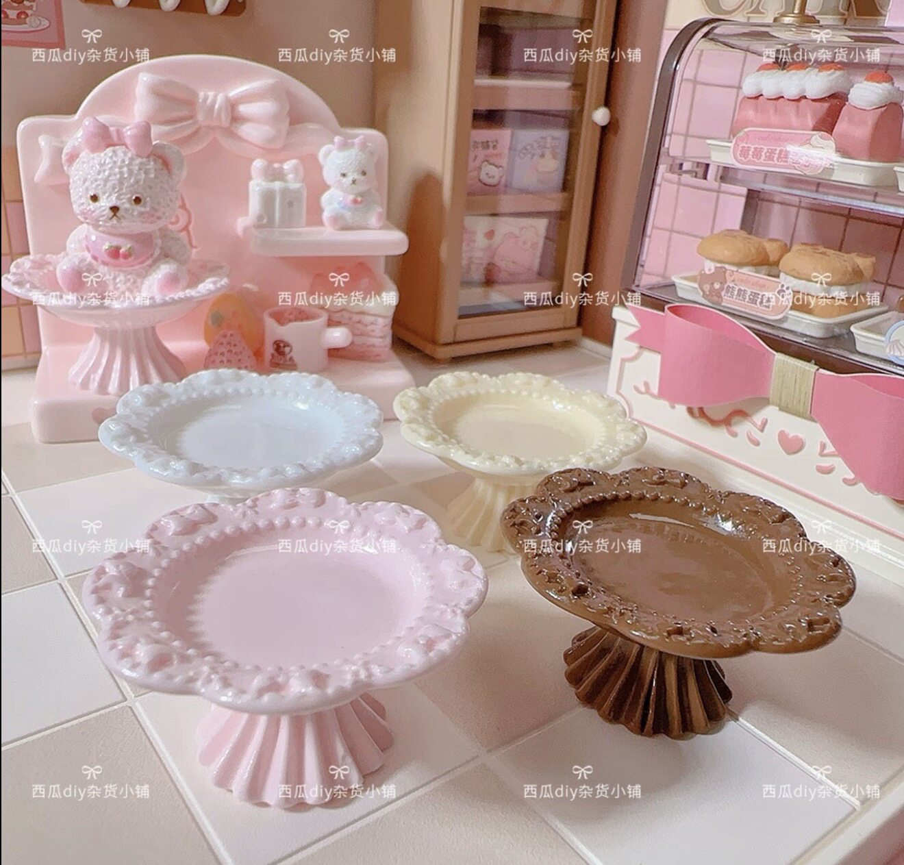 定制立体复古蝴蝶结浮雕高脚盘仿真食玩微缩树脂配件捏捏摆件手工