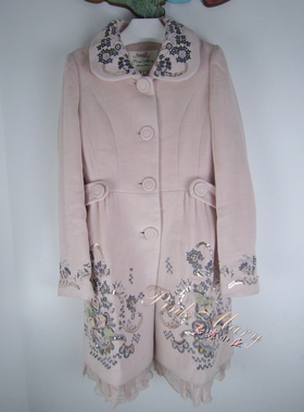 pink mary粉红玛琍/粉红玛丽 春季绣花中长款羊毛大衣女无毛领