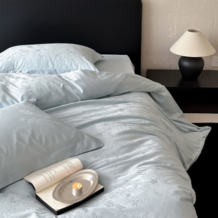 四季浅蓝色100支长绒棉提花四件套贡缎纯棉2米被套床单床笠床品