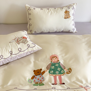 设计师款柔软60支水洗纯棉米黄色绣花女孩床品床单长绒棉四件套