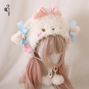 网红款改良甜美可爱秋冬季小羊耳朵护耳帽百搭Lolita羊羔绒盆帽子