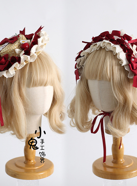 原创Lolita甜美蕾丝蝴蝶结cla系田园风lo樱桃熟了草帽蛋糕发带