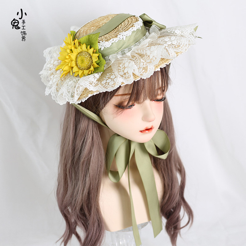 草帽若草绿色蕾丝向阳花扁帽帽子