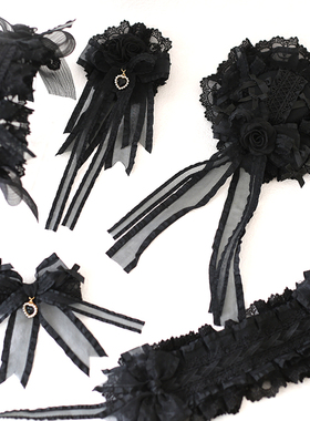 原创Lolita黑色心情限定发带蕾丝蝴蝶结kc小礼帽手袖花丸发夹发箍