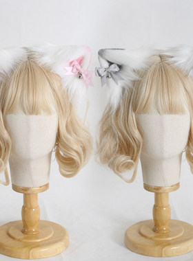 甜美粉色cos毛绒仿真兽耳原创黑色猫耳发夹可爱蝴蝶结铃铛头饰KC