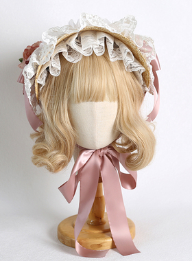 原创多色田园风lolita蕾丝草帽追忆bnt汉洋折衷波奈特草帽扁法式