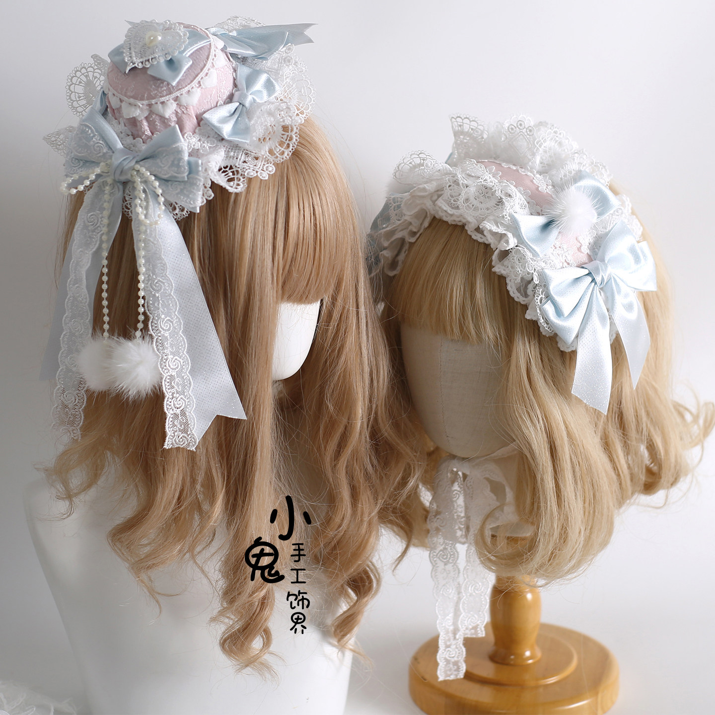 原创圣诞H蓝粉色Lolita波奈特蕾丝发带洛丽塔小礼帽花丸兔耳发箍