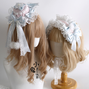 原创圣诞H蓝粉色Lolita波奈特蕾丝发带洛丽塔小礼帽花丸兔耳发箍