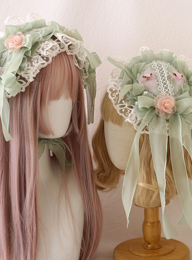 原创Lolita若草色心情限定发带蕾丝蝴蝶结kc小礼帽手袖花丸发夹