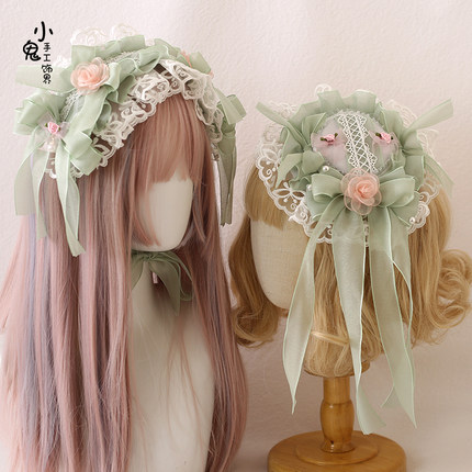 原创Lolita若草色心情限定发带蕾丝蝴蝶结kc小礼帽手袖花丸发夹