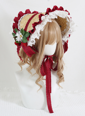 Lolita田园甜美草莓草帽蝴蝶结蕾丝cla系礼帽扁帽大檐出游bnt帽子