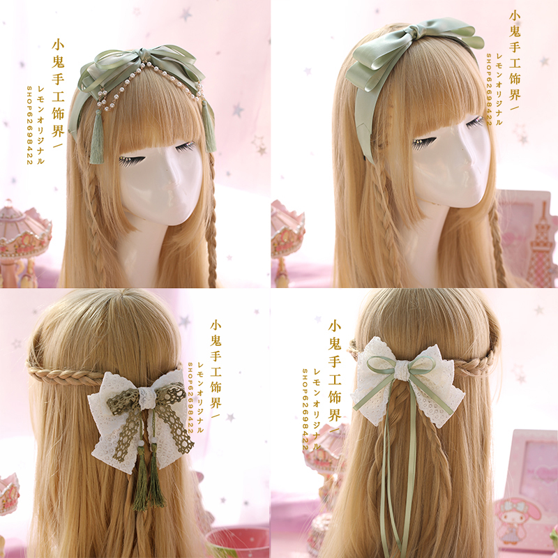 森女系流苏蕾丝抹茶绿蝴蝶结发夹