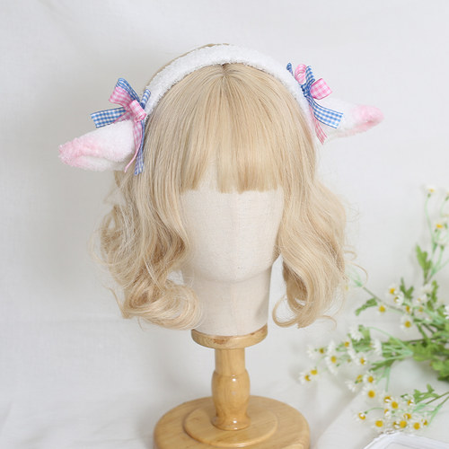 Lolita甜美手作小羊耳朵边夹格子蝴蝶结发箍羊咩咩发饰呲甜耳蜗KC